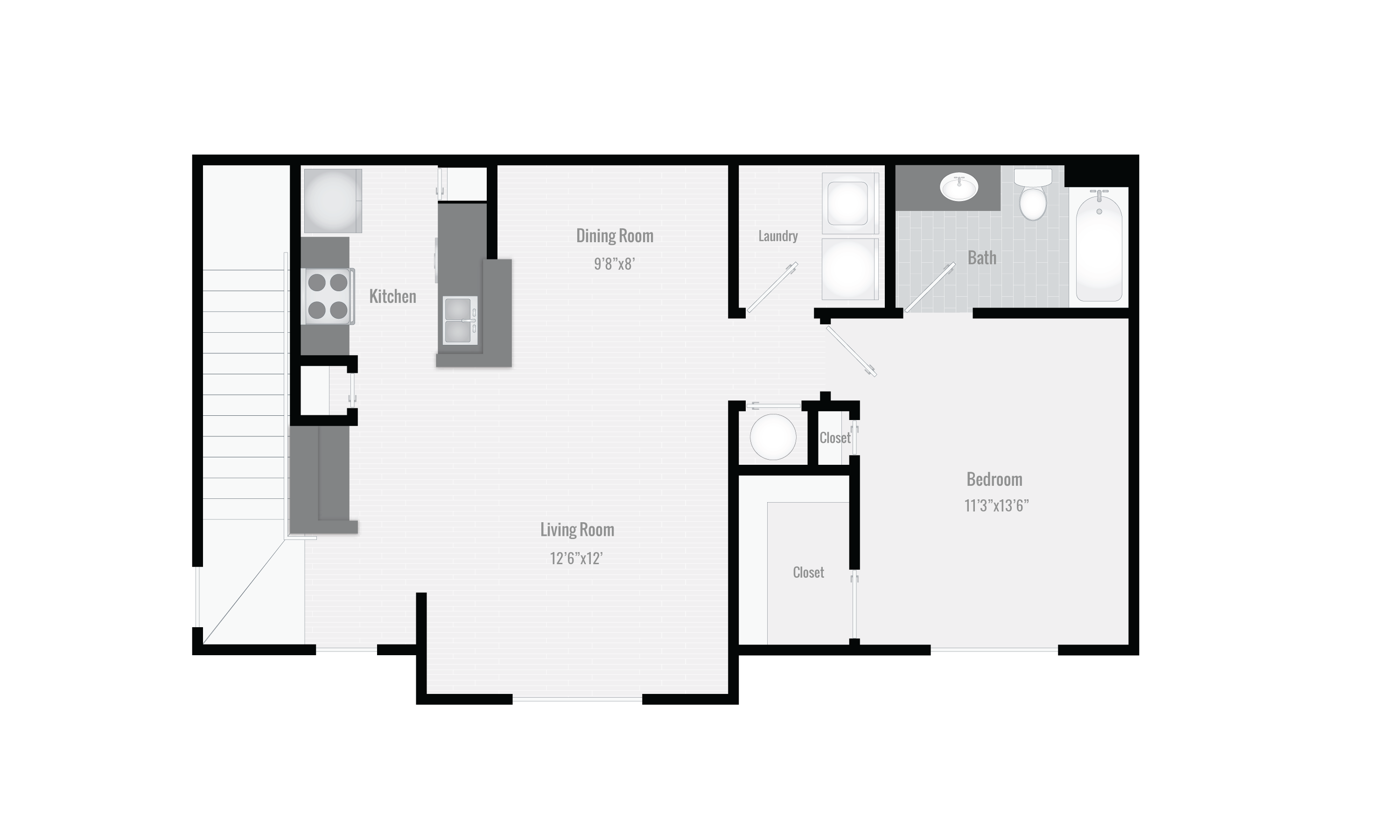 Floor plan for 1 bed, 1 bath, 774 sqft